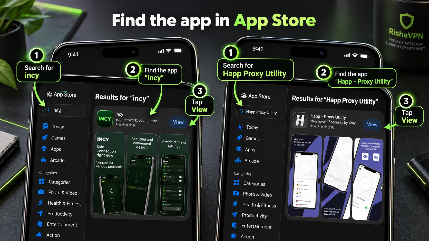App Store में incy और Happ Proxy Utility खोजने की चित्रात्मक प्रक्रिया