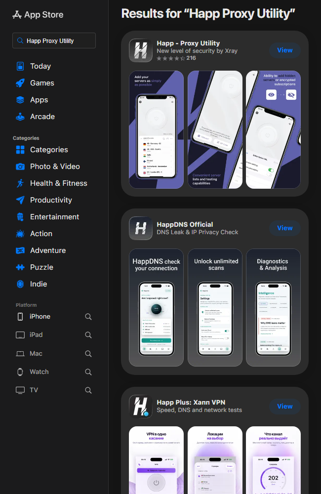 असली App Store खोज: Happ - Proxy Utility पहला परिणाम