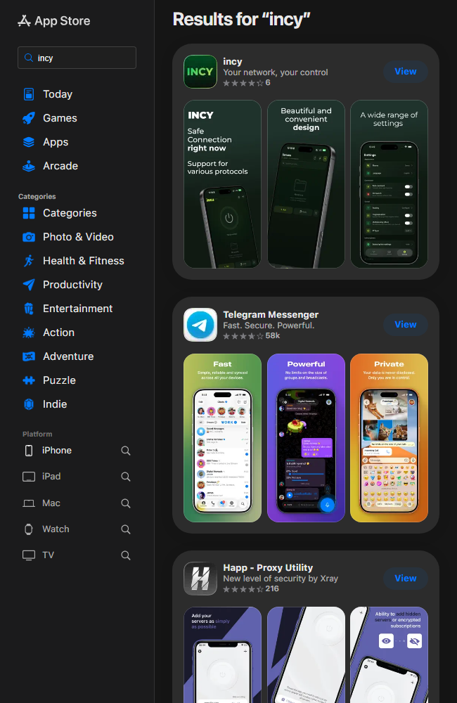 असली App Store खोज: incy पहला परिणाम